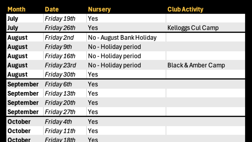 Nursery Calendar – Remainder of 2024